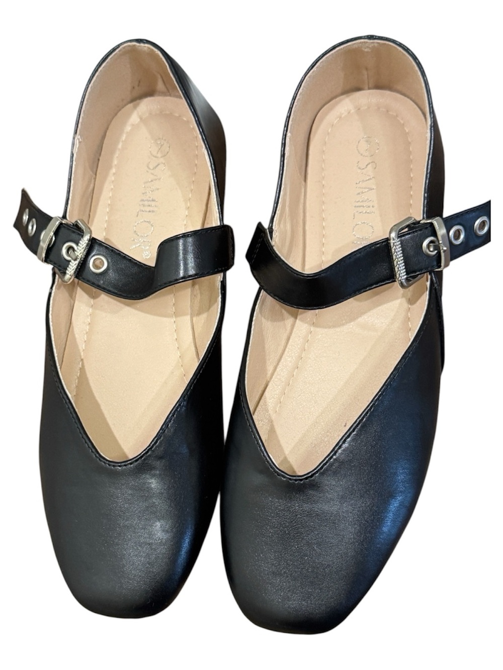 Black Mary Jane Ballet Flats Silver Buckle Minimalist Shoes Size 7